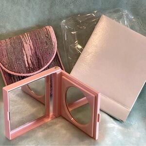 NIB Pink Mary Kay Double Compact Mirror in Tapestry Textile Pouch Case Vintage